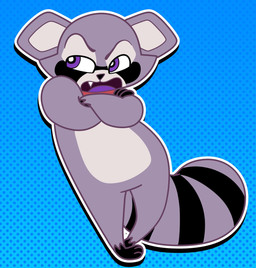 ambiguous_gender annoyed anthro black_body black_fur black_nose blue_background blue_clothing blue_hat blue_headwear cheek_tuft clothing crossed_arms dotted_background drop_shadow eye_markings eyebrows facial_tuft featureless_crotch feet fingers front_view fur gloves_(marking) gradient_background grey_body grey_fur hat headgear headwear kerchief kerchief_only leg_markings markings mostly_nude multicolored_body multicolored_fur narrowed_eyes neckerchief neckerchief_only neckwear on_model open_mouth outline pattern_background pupils purple_eyes purple_tongue raised_eyebrow red_kerchief red_neckerchief simple_background slightly_chubby snaggle_tooth socks_(marking) solo standing striped_markings striped_tail stripes tail tail_markings toes tongue tuft white_outline white_pupils bashbutterbean indigo_park rambley_raccoon mammal procyonid raccoon 2024 digital_media_(artwork) flat_colors full-length_portrait hi_res portrait reaction_image male_(lore)