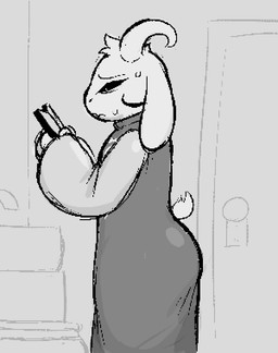 anthro bathroom blush bodily_fluids book butt clothing curvy_figure delta_rune_(emblem) dress horn looking_back male solo sweat symbol tail tail_motion tailwag zlut385 undertale undertale_(series) asriel_dreemurr asriel_dreemurr_(god_form) boss_monster_(undertale) bovid caprine goat mammal animated digital_media_(artwork) greyscale monochrome tagme