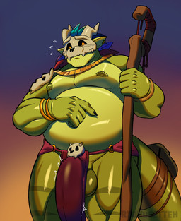 anthro balls belly big_balls bone bone_mask bottomwear bulge clothing detailed_bulge flustered genital_outline genitals green_body hand_on_belly jewelry loincloth male mask musclegut muscular muscular_male nipples overweight overweight_male penis_outline skull skull_mask solo staff ryokusetteh terraria witch_doctor_(terraria) lihzahrd absurd_res hi_res