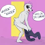 bodily_fluids bottomwear clothing dialogue dressing eyewear glasses male nude onomatopoeia panicking pants simple_background solo sound_effects spots sweat sweatdrop text p_rindustries canid canine canis dalmatian domestic_dog mammal 1:1 hi_res