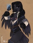 2019 alternate_species anthro anthrofied avian beak bird black_body black_feathers black_hair bottomless breasts brown_background chest_tuft clothed clothing conditional_dnp corvid corvus_(genus) digital_media_(artwork) feathered_arms feathers female fluff-kevlar hair hand_on_hip jewelry looking_at_viewer magic medieval_clothing necklace nipples non-mammal_breasts oscine passerine purple_eyes raven shaded simple_background solo tail tail_feathers the_witcher tuft yennefer yennefer_of_vengerberg