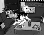 anthro bat black_sclera bottomwear canid canine clothing computer duo ear_piercing ear_ring electronics fangs fluffy fluffy_tail fox furniture laptop male mammal monochrome piercing ring_piercing shirt shorts sins_(sinsquest) sinsquest smile sofa spade_tail t-shirt tail teeth topwear trans_(lore) trans_man_(lore) wide_eyed