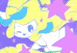 abstract_background ambiguous_gender one_eye_closed open_mouth open_smile smile solo wink deaic nintendo pokemon generation_3_pokemon jirachi legendary_pokemon pokemon_(species) hi_res restricted_palette