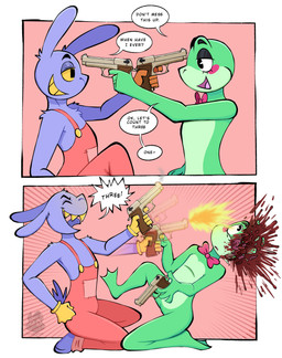 ambiguous_gender blood blood_splatter bodily_fluids bow_tie clothing death duo female gloves gore gun gunshot handgun handwear male overalls pistol ranged_weapon smoove_off speech_bubble suicide suicide_attempt teeth_showing weapon squeakygears glitch_productions the_amazing_digital_circus jax_(tadc) ribbit_(tadc) amphibian frog humanoid lagomorph leporid mammal rabbit absurd_res comic hi_res