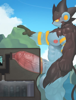 anthro balls big_penis black_body black_fur blue_body bodily_fluids body_worship erection facility fur genital_fluids genitals glans huge_penis humanoid_genitalia humanoid_penis hyper hyper_genitalia hyper_penis internal machine macro male milking_machine muscular muscular_anthro muscular_male nipples pecs penetrable_sex_toy penetration penile penis penis_milking precum sex_toy solo thick_penis yellow_eyes namutree nintendo pokemon felid generation_4_pokemon luxray mammal pokemon_(species) absurd_res hi_res