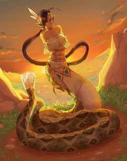abs accessory annoyed anthro apode black_body black_hair black_scales brown_body brown_scales crossed_arms detailed_background female hair hair_accessory hair_tie headband humanoid_pointy_ears legless long_hair long_ponytail midriff multicolored_body multicolored_scales native_american outside pointy_ears ponytail pupils rattle_(anatomy) red_eyes scales serpentine slit_pupils solo split_form sunset tied_hair tribal ventral_scales white_body white_scales gamera_(artist) draconcopode lamia reptile scalie snake absurd_res hi_res