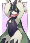 3_fingers ambiguous_anthro ambiguous_gender anthro biped black_body black_clothing black_fur black_leotard clothed clothing fingers frill_(anatomy) fur green_body green_fur green_tail head_tuft kemono leotard looking_at_viewer mask monotone_body monotone_fur monotone_tail multicolored_body multicolored_fur navel_outline neck_frill pawpads pink_nose pink_pawpads pose pupils raised_arms red_eyes scut_tail short_tail simple_background solo standing tail three-quarter_view tuft two_tone_body two_tone_fur fuji_another nintendo pokemon felid feline generation_9_pokemon mammal meowscarada pokemon_(species) 2025 colored digital_media_(artwork) hi_res pictographics portrait shaded three-quarter_portrait