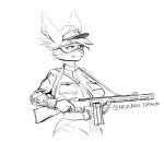 5_fingers anthro big_breasts breasts clothed clothing crossgender eyewear female fingers goggles gun hat headgear headwear looking_away mascot military ppsh-41 ranged_weapon simple_background soldier solo submachine_gun trigger_discipline uniform warrior weapon white_background nezari fifa zabivaka canid canine canis mammal wolf black_and_white hi_res monochrome sketch