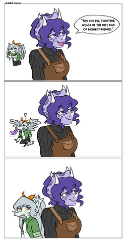 3_horns accessory amber_eyes anthro beverage black_clothing black_sweater black_topwear bone_frill border bow_ribbon clothing dialogue duo exclamation_point eyelashes facial_horn feathered_wings feathers female frill_(anatomy) green_clothing green_jacket green_topwear grey_body grey_hair grey_scales hair hair_accessory hair_bow hair_ribbon horn jacket multi_horn nose_horn offscreen_character open_mouth open_smile overalls purple_body purple_eyes purple_hair purple_scales ribbons scales short_hair simple_background smile snout spit-take sweater text topwear white_background white_border wings jacket_ignites cavemanon_studios snoot_game amber_(snoot_game) sera_(snoot_game) ceratopsian ceratopsid chasmosaurine dinosaur marginocephalian ornithischian prehistoric_species pterosaur reptile scalie triceratops 2025 absurd_res artist_name comic digital_drawing_(artwork) digital_media_(artwork) english_text hi_res signature