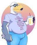 anthro beak blue_bottomwear blue_clothing blue_pants bottomwear bulge clothing container cup feathers holding_container holding_cup holding_object light_shirt male mature_anthro mature_male overweight overweight_male pants purple_clothing purple_shirt purple_topwear shirt simple_background soda_cup solo tail tail_feathers text text_on_clothing text_on_shirt text_on_topwear topwear wearing_sunglasses white_background white_body white_feathers yellow_beak anti_dev brogulls mcdonald's wilson_(brogulls) avian bird gull lari larid english_text hi_res