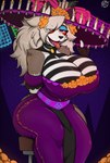 anthro big_breasts breasts clothing costume dress female grey_body grey_hair hair halloween_costume hat headgear headwear holidays huge_breasts paint red_eyes solo tongue zak_hitsuji day_of_the_dead halloween helluva_boss loona_(helluva_boss) canid canine canis mammal wolf hi_res