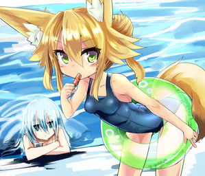 blonde_hair blue_eyes blue_hair blush clothing duo eating female food green_eyes hair hair_bun inflatable leaning leaning_forward long_hair looking_at_viewer pool_toy poolside popsicle school_swimsuit swim_ring swimming_pool swimwear water konozawa kokonoe_tsubaki animal_humanoid canid canid_humanoid canine canine_humanoid fox fox_humanoid human humanoid mammal mammal_humanoid hi_res
