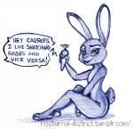 anthro blue_and_white caliosidhe carrot_pen dialogue disney english_text female fur holding_object judy_hopps lagomorph leporid looking_at_viewer mammal monochrome nocturnal-district nude rabbit simple_background sitting solo text white_background zootopia