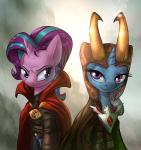 abstract_background alicorn_amulet armor cape clothed clothing duo eyelashes female feral frown hair headgear helmet horn jewelry looking_at_viewer multicolored_hair pendant purple_eyes smile two_tone_hair tsitra360 vest_(artist) doctor_strange_(series) friendship_is_magic hasbro marvel my_little_pony mythology doctor_strange loki_(marvel) starlight_glimmer_(mlp) trixie_(mlp) equid equine mammal mythological_creature mythological_equine unicorn 2017 collaboration crossover hi_res