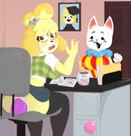 anal anal_beads anal_masturbation anal_penetration anthro clown dildo dildo_sitting duo female fur looking_at_viewer masturbation penetration sex_toy surprise white_body white_fur yellow_body yellow_fur razbunny animal_crossing nintendo blanca_(animal_crossing) isabelle_(animal_crossing) canid canine canis domestic_cat domestic_dog felid feline felis mammal hi_res