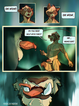 animal_genitalia anthro areola balls biped bodily_fluids dialogue duo erection foreskin fur genital_fluids genitals glans half-closed_eyes humanoid_genitalia humanoid_penis hybrid_genitalia hybrid_penis leaking_precum licking licking_lips licking_own_lips looking_at_genitalia looking_at_penis male male/male male_anthro narrowed_eyes navel nipples nude open_mouth penis precum precum_string self_lick sheath sheathed_humanoid_penis size_difference smile speech_bubble standing tail teeth text tongue tongue_out tusks unretracted_foreskin vein veiny_penis wet wet_body timberdonk rhys_(timberdonk) mammal procyonid raccoon 3:4 comic digital_media_(artwork) english_text hi_res
