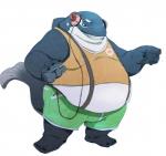 anthro barefoot belly belly_overhang big_belly biped clothed clothing electronics feet grin headphones male moobs obese obese_anthro obese_male overweight overweight_anthro overweight_male portable_music_player shirt simple_background smile solo standing suspenders tank_top teeth thick_thighs topwear white_background rumash cetacean mammal marine