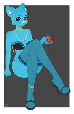 alcohol anthro athletic athletic_female beverage black_clothing black_eyes black_footwear black_high_heels blue_body blue_fur bra clothing container crossed_legs cup drinking_glass eyelashes female footwear fur glass glass_container glass_cup high_heels jewelry lace lace_bra lace_panties lace_stockings laces leg_markings legwear lingerie lingerie_panties markings pink_nose shoes slim small_waist socks_(marking) solo stockings thigh_highs underwear wine wine_glass evangelina_pinku cartoon_network the_amazing_world_of_gumball nicole_watterson nicole_watterson_(the_fury) domestic_cat felid feline felis mammal absurd_res digital_media_(artwork) hi_res