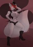 anthro big_breasts biped breasts clothed clothing collar female glowing glowing_eyes hair hair_over_eye half-closed_eyes mini_top_hat narrowed_eyes navel nipple_outline one_eye_obstructed red_eyes smile solo standing tight_clothing charliechomp canid canine canis mammal wolf hi_res