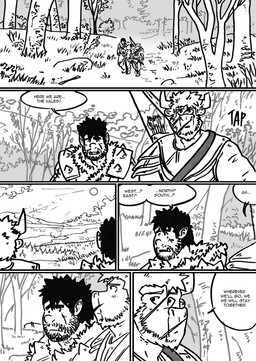 anthro armor building dialogue duo fangs forest hairy house male muscular muscular_male outside plant simple_background sun teeth text tree weapon husky92 european_mythology greek_mythology mythology bovid bovine humanoid mammal minotaur orc comic english_text hi_res monochrome multiple_scenes