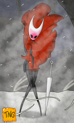 annoyed anthro cloak cloak_only clothing dress embarrassed female nail_(weapon) solo wind wind_lift the_nameless_guy hollow_knight_(franchise) team_cherry hornet_(hollow_knight) arthropod hybrid insect 3:5 hi_res
