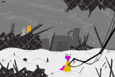 blizzard_(weather) duo feral grey_body lamp language lantern male mechanism orange_body pink_body ruins snow zalivkustsyganili rain_world videocult five_pebbles_(rain_world) humanoid slugcat 3:2 digital_media_(artwork) pixel_(artwork)