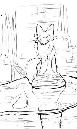 abstract_background ambiguous_gender bodily_fluids brick feral fur hair inanimate_transformation pillar raised_tail rock sculpture shaking solo statue statufication tail tears transformation trembling water kareha_21909 animate_inanimate canid canine canis living_statue mammal wolf 3:5 black_and_white hi_res monochrome