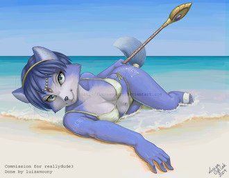 anthro beach bikini blue_body blue_fur blue_hair breasts clothed clothing cloud detailed_background female fur hair krystal's_staff looking_at_viewer melee_weapon outside polearm sand sea seaside skimpy sky smile solo staff sunset swimwear tail text tight_clothing toony two-piece_swimsuit water wave weapon wet white_body white_fur luizamonny luizamoony nintendo star_fox krystal_(star_fox) canid canine fox mammal detailed distracting_watermark english_text watermark