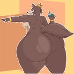 anthro beverage big_breasts big_butt breasts brown_body brown_fur butt crown female fur glistening glistening_body glistening_butt glistening_fur headgear huge_butt huge_hips huge_thighs jewelry milkshake nude nude_anthro nude_female side_boob simple_background slightly_chubby solo thick_thighs wide_hips roundneo beastars juno_(beastars) canid canine canis mammal wolf 2023 hi_res