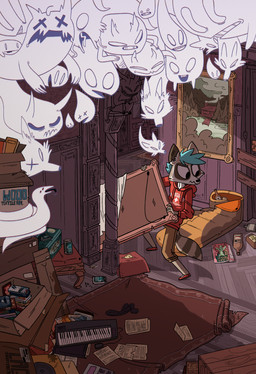 anthro beverage_can blue_hair book bottomwear cigar cigarette clothing detailed_background footwear fur group hair hoodie keyboard_instrument male musical_instrument musical_keyboard painting_(object) pants rug sculpture shoes sleeping_bag statue toony topwear cocadope canid canine fox ghost mammal procyonid raccoon reptile scalie snake spirit 2018 absurd_res hi_res