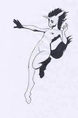 anthro breasts female hooves horn ink jumping nude nude_anthro simple_background solo tail unguligrade adeptus-monitus mythology equid equine horse mammal mythological_creature mythological_equine pony unicorn black_and_white monochrome traditional_media_(artwork)