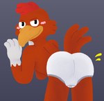 anthro beak black_eyes blush briefs briefs_only bulge butt clothed clothing feathers grey_background male orange_beak red_body red_feathers simple_background smile solo tighty_whities topless underwear underwear_only white_body white_briefs white_clothing white_feathers white_underwear gramy disney the_three_caballeros panchito_pistoles avian bird chicken galliform gallus_(genus) phasianid