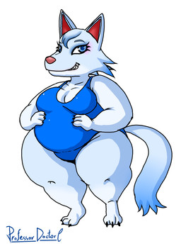 anthro belly biped blue_clothing blue_eyes blue_highlights blue_one-piece_swimsuit blue_swimwear breasts claws cleavage clothed clothing curvy_figure eyelashes eyeshadow feet female fur grey_body grey_fur grin hand_on_belly hand_on_own_belly highlights_(coloring) hindpaw huge_hips huge_thighs looking_at_viewer makeup medium_breasts one-piece_swimsuit overweight overweight_anthro overweight_female paws pear-shaped_figure pink_eyeshadow pink_nose sharp_teeth shortstack simple_background smile smiling_at_viewer solo standing swimwear teeth thick_thighs three-quarter_view white_background white_body white_fur wide_hips professordoctorc animal_crossing nintendo whitney_(animal_crossing) canid canine canis mammal wolf 2022 digital_media_(artwork) full-length_portrait portrait signature