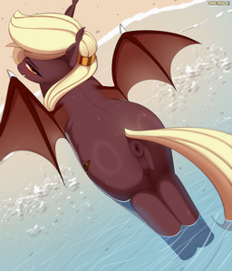 animal_genitalia animal_vulva anus beach blonde_hair blush blush_lines bodily_fluids brown_anus brown_body brown_skin brown_vulva brown_wings butt day ear_tuft equine_anus equine_genitalia equine_vulva female feral genitals glistening glistening_butt hair high-angle_view hooves long_hair looking_back membrane_(anatomy) membranous_wings outside partially_submerged ponytail puffy_anus rear_view sea smile snout solo sweat sweaty_body sweaty_butt sweaty_legs tail tuft vulva water wings yellow_eyes yellow_tail nording hasbro my_little_pony scarlet_sangria bat_pony equid equine horse mammal pony 2024 absurd_res hi_res