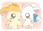 blue_eyes blush duo female feral fur green_eyes hand_holding heart_symbol male orange_body orange_fur ribbons whiskers white_body white_fur じっぽ hamtaro_(series) bijou_(hamtaro) hamtaro cricetid hamster mammal rodent 2011