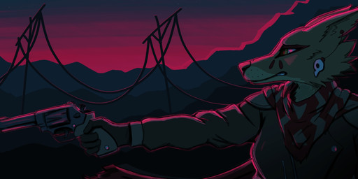 anthro cape clothing desert ears_back female gloves gun handgun handwear head_markings highlights_(coloring) jacket kerchief markings outside pivoted_ears pointing_gun ranged_weapon revolver scarf side_view solo sunset topwear twilight utility_pole weapon coyobites laika_aged_through_blood laika_(laika_aged_through_blood) canid canine canis coyote mammal hi_res