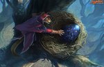 ambiguous_gender anthro biped blue_egg branch climbing cloak clothing copyright_symbol egg hand_on_egg leaf nest orange_tail plant solo stealing symbol tail text tree brian_valeza hasbro magic:_the_gathering wizards_of_the_coast cruelclaw_(mtg) mammal mustelid musteline stoat true_musteline weasel 2024 english_text hi_res official_art