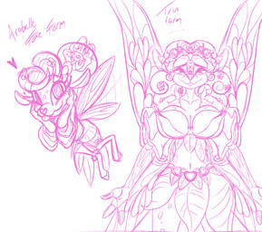 accessory armwear big_breasts big_sleeves blossoms breasts chibi clothing elbow_gloves female fingerless_gloves flower flower_crown flower_in_hair flying gloves hair hair_accessory handwear heart_nose heart_symbol hoof_hands hovering leaf_clothing long_hair markings navel plant spots spotted_markings tongue tongue_out wastedtimeee angel cherub deer fairy hybrid mammal concept_art hi_res monochrome pink_and_white