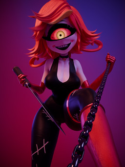 1_eye armwear biped boots breasts chain chain_leash choker clothing elbow_gloves female female_humanoid footwear front_view gloves gradient_background hair handwear jewelry knife leash leashed_viewer leather leather_clothing leg_strap looking_at_viewer looking_down low-angle_view necklace purple_background red_background red_hair sharp_teeth shoes simple_background smile solo teeth white_body worm's-eye_view oddo samzan_(modeler) hazbin_hotel hellaverse niffty_(hazbin_hotel) cyclops demon demon_humanoid humanoid sinner_demon 2026 3:4 3d_(artwork) absurd_res digital_media_(artwork) hi_res huge_filesize