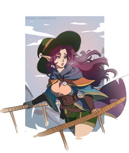 belt big_hat blue_eyes bottomwear breasts bridge cape capelet clothing corset curvy_figure ear_piercing eyebrows female female_humanoid hair hat headgear headwear hourglass_figure humanoid_pointy_ears jewelry lingerie lips long_hair medium_breasts necklace outside piercing pointy_ears purple_hair raised_inner_eyebrows shorts sky slim small_waist solo standing text topwear white_body white_skin wide_hipped_female wide_hips wind witch_hat balnurk elf humanoid digital_media_(artwork) url