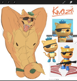 abs anthro armpit_hair black_eyes blue_boots blue_clothing blue_footwear bodily_fluids body_hair boots clothing eye_patch eyewear footwear fur gun hat headgear headwear male orange_body pecs pink_nose ranged_weapon saliva saliva_on_tongue screencap shoes solo tail teeth text tongue underwear weapon aoden708 ebay octonauts kwazii domestic_cat felid feline felis mammal colored hi_res url