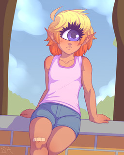 1_eye band-aid bandage clothed clothing eyelashes female hair humanoid_pointy_ears multicolored_hair not_furry pointy_ears purple_eyes short_hair solo two_tone_hair souladdicted viviana_(souladdicted) cyclops humanoid 2018 4:5 absurd_res digital_media_(artwork) hi_res