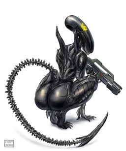big_butt black_body butt claws crouching eyeless female futuristic_gun gun long_tail ranged_weapon sharp_teeth simple_background solo tail teeth toe_claws weapon kory_cromie alien_(franchise) alien alien_humanoid humanoid xenomorph 2026 5:6 hi_res signature