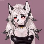 anthro big_breasts black_body black_clothing black_fur black_hair black_nose blush breasts clothing collar ear_piercing eye_scar eyebrows eyelashes eyeshadow facial_scar female fur gold_(metal) gold_jewelry grey_body grey_fur hair huge_breasts jewelry latex latex_clothing makeup multicolored_body multicolored_fur piercing red_eyes red_sclera scar solo tufted_ears white_body white_eyes white_fur white_hair anami_chan helluva_boss mythology ashryn_(anami_chan) canid canid_demon canine demon hellhound mammal mythological_canine mythological_creature 1:1 2025 digital_drawing_(artwork) digital_media_(artwork) hi_res portrait shaded