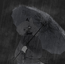 anthro blood blood_on_face bodily_fluids clothing eyewear glasses looking_at_viewer raining solo standing sweater topwear umbrella shizumoh andy_(shizumoh) arctic_fox canid canine fox mammal true_fox 2024 digital_media_(artwork) greyscale halftone hi_res monochrome trans_(lore) trans_man_(lore)