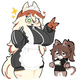 4_fingers anthro big_breasts black_clothing black_shirt black_topwear breasts brown_body brown_fur brown_hair brown_inner_ear_fluff circle_eyebrows clothed clothed_anthro clothed_female clothing duo eyebrows eyelashes female female/female female_anthro fingers fur green_eyes hair heart_symbol inner_ear_fluff long_hair long_sleeves maid_apron maid_headdress multicolored_body multicolored_fur multicolored_hair one_eye_closed open_mouth open_smile shirt simple_background smile tail topwear tuft white_background zipper ssslommm2 soybean_(tofffffu) canid canine felid feline fox mammal 2026 digital_drawing_(artwork) digital_media_(artwork) hi_res