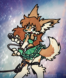 accessory anthro big_ears bottomwear brown_body brown_fur clothing electronics female fur garter green_clothing green_eyes halftone_background legwear microphone open_mouth pattern_background ruffled_skirt simple_background singing skirt smile solo sparkles straps topwear white_body white_fur bagelcollie crepe_(bagelcollie) canid canine fennec_fox fox mammal true_fox 2026 digital_media_(artwork) halftone