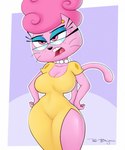 anthro big_breasts breasts cleavage clothed clothing cross-popping_vein dress eyewear female glasses hands_on_hips open_mouth simple_background solo wide_hips sirredbenjamin nickelodeon the_fairly_oddparents wanda_(fop) domestic_cat felid feline felis mammal 2023 hi_res