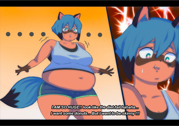 anthro belly belly_overhang belly_peeking_out big_belly big_breasts blue_hair bodily_fluids bottomwear breasts chubby_cheeks clothed clothing despair dialogue dipstick_tail dolphin_shorts double_chin ellipsis eyelashes facial_markings fail female gloves_(marking) hair head_markings looking_at_belly looking_at_self love_handles markings mask_(marking) muffin_top navel nervous nervous_laugh nervous_smile nervous_sweat obese obese_anthro obese_female one_fang open_mouth open_smile orange_background orange_body overweight overweight_anthro overweight_female shaking shirt shocked short_hair shorts simple_background smile solo standing style_emulation sweat sweatdrop tail tail_markings talking_to_self tank_top text thick_thighs topwear trembling undershirt undersized_clothing undersized_topwear weight_conscious weight_gain wide_eyed wide_hips bellywg brand_new_animal studio_trigger michiru_kagemori canid canine mammal raccoon_dog tanuki 2020 comic compression_artifacts digital_media_(artwork) english_text hi_res letterbox