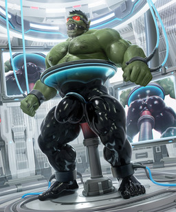 anal anal_penetration anal_sheath ankle_cuffs anus areola arm_hair back_muscles balls biceps black_bodysuit black_claws black_clothing black_hair black_skinsuit bodily_fluids body_hair bodysuit cable chest_hair claws clothing cuff_(restraint) cuffed_ankles dildo dildo_in_ass dildo_insertion drooling electronics eyewear facial_hair finger_claws five_o'clock_shadow fucking_machine gag gagged genitals green_areola green_balls green_body green_nipples green_skin hair handcuffed handcuffs happy_trail hypnosis hypnotic_visor laboratory low-angle_view machine male male_penetrated metal_cuffs mind_control monitor musclegut muscular muscular_humanoid muscular_male muscular_thighs navel nipples not_furry object_in_ass pecs penetration penis penis_cuff rear_view red_visor restraints saliva sex_toy sex_toy_in_ass sex_toy_insertion skinsuit solo submissive submissive_male sweat tight_clothing tusks vein veiny_muscles veiny_penis worm's-eye_view takahirosi humanoid orc 2022 hi_res